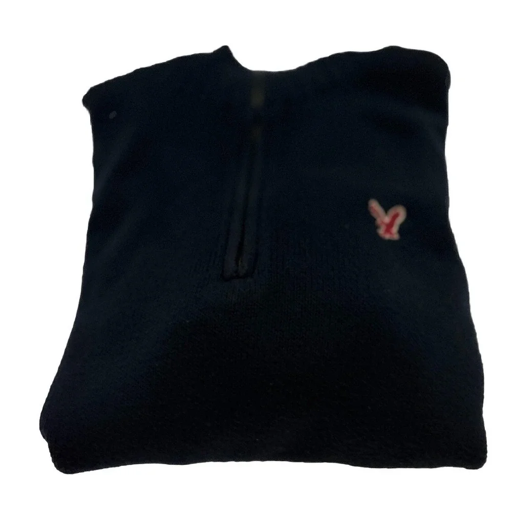 Y2K American Eagle Sweater Men L Blue 1/4 Zip Knit Pullover Wool Blend Preppy